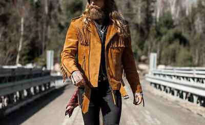 Mens Brown Fringe Suede leather Jacket| Genuine Soft Suede Leather Biker Jacket.