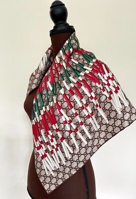 New Gucci Scarf GG Logo Club Brown Red WEB Silk Wrap with