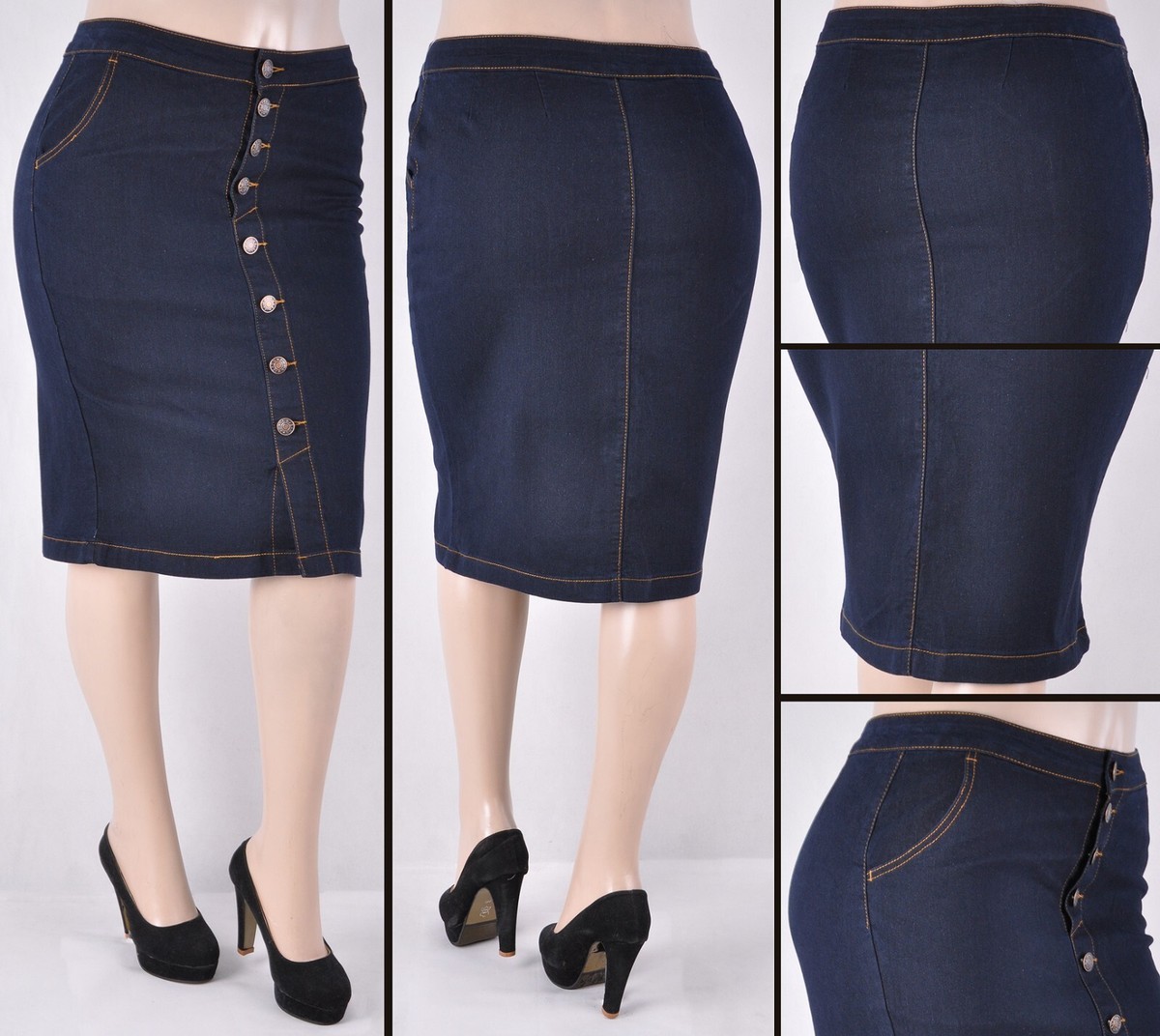 NWT Stretch Denim Dk.Indigo Button-Down Mid Skirt, size XL to 3X