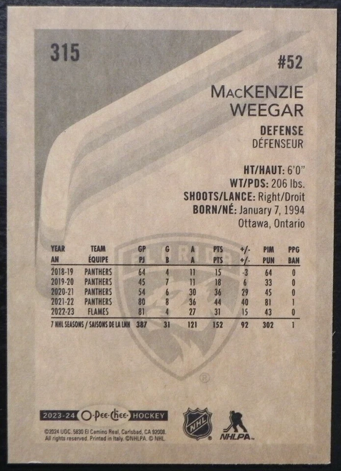 2023-24 23/24 O-Pee-Chee RETRO #315 MacKenzie Weegar Florida Panthers - Image 2 of 2