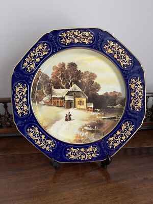 Vintage Deko Teller Bayreuth Gloria Kobaltblau Gold Winterdorf Szene