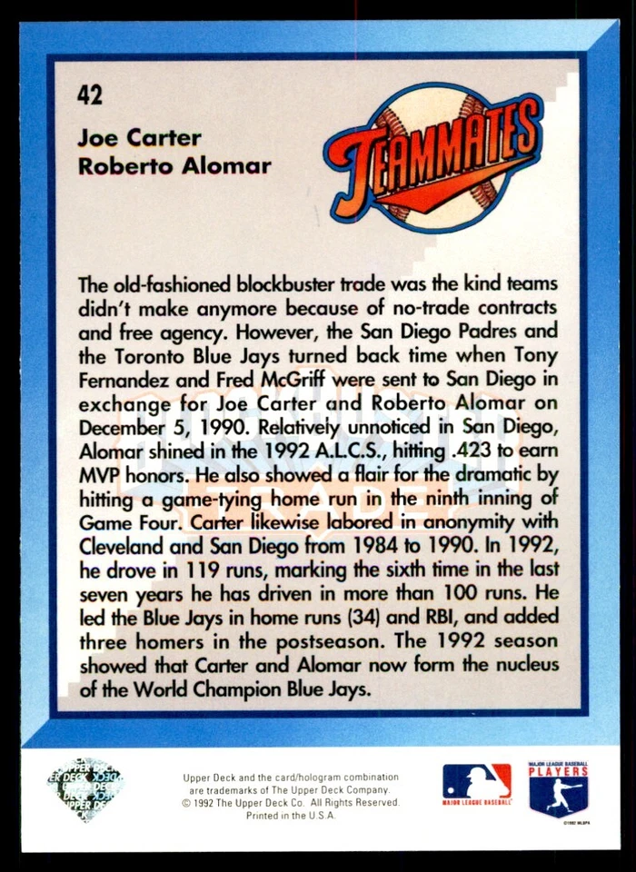 1993 Upper Deck. Roberto Alomar/Joe Carter Baseball Cards #42 - Image 2 of 2