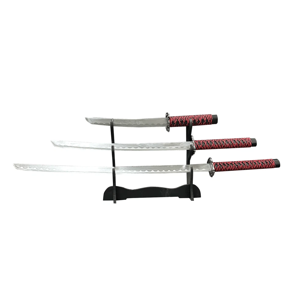 Juego de 3 espadas Katana samurai japonesas con soporte - vaina dragón rojo negro/1060 Foto 3 de 4