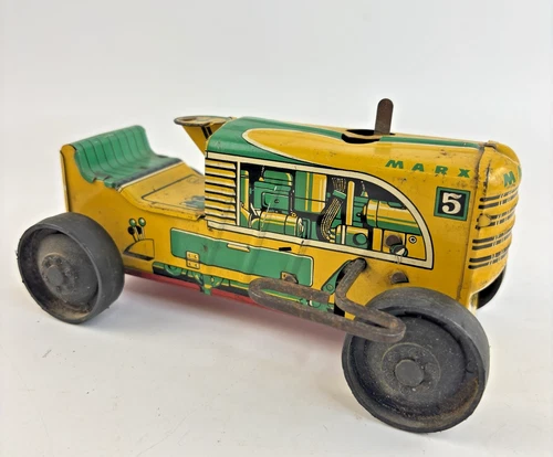 Vintage MARX Wind Up TIN TRACTOR Toy #5 Yellow/Green Design NON WORKING