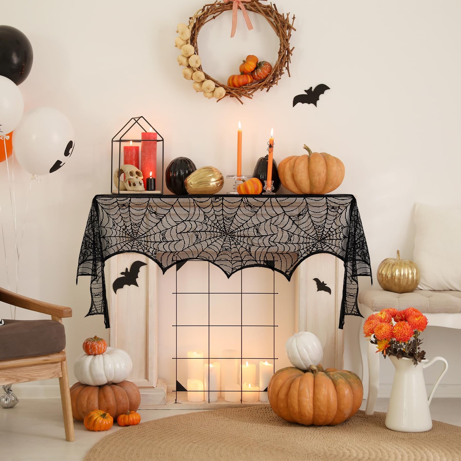 Halloween Fireplace Scarf, Black Lace Spiderweb Fireplace Mantle, Cobweb Fire...