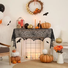 Halloween Fireplace Scarf, Black Lace Spiderweb Fireplace Mantle, Cobweb Fire...