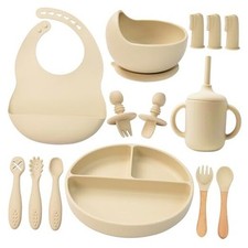 Silicone Baby Feeding Set 14 Pcs,Baby Led Weaning Supplies, Baby Spoons Beige
