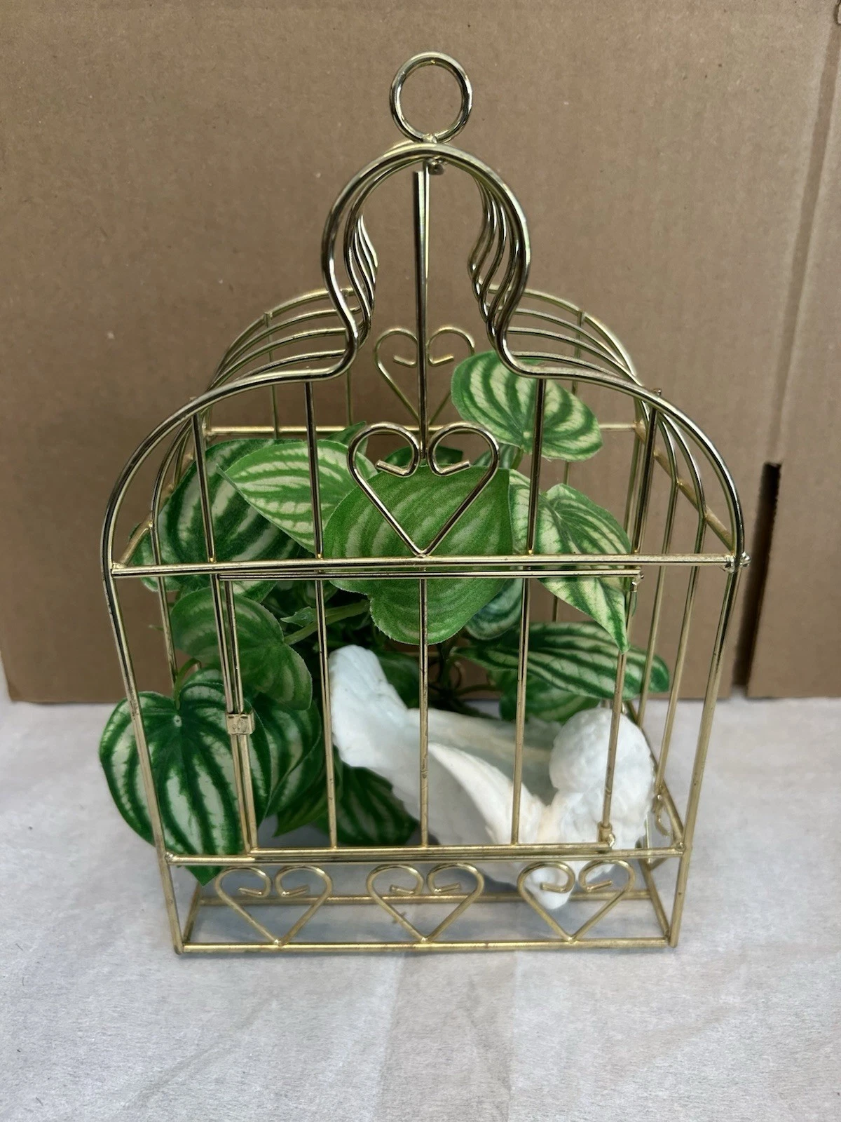 Vintage Home Interior Gold Tone Bird Cage With Heart designs- Includes Bird