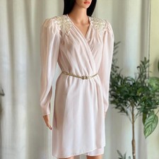 Vintage 80s Patra Chiffon Dress Sheer Pale Pink Beaded Cocktail Party Size S