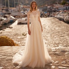 Long Sleeves Wedding Dress O Neck Illusion Lace Applique Tulle A Line Bride Gown