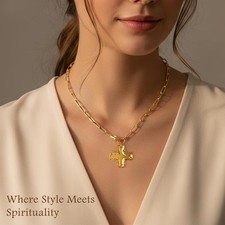 Chunky Gold Cross Necklace Women Layered Paperclip Chain Pendant