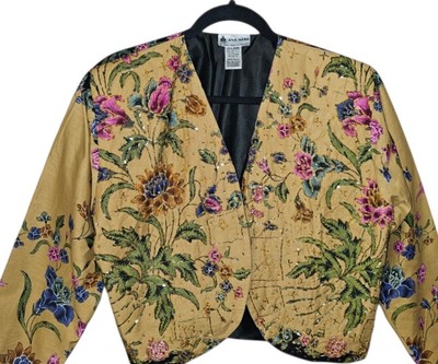ANA MORI Indonesian Batik Beaded Gold Floral Cropped Shrug Jacket All Size Vtg