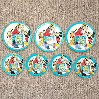  Set of 7 Vintage Walt Disney Goofy Ice Cream Man Serving Mickey Tin Toy Plates