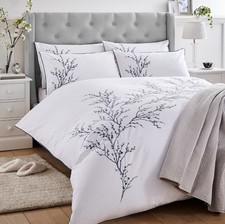 Laura Ashley Pussy Willow Sprig Embroidered Midnight Double Duvet Cover Set -NEW
