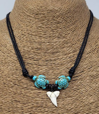 Fossil Shark Tooth Necklace with Turtle Beads   Handmade Surfer Pendant   Hawaii