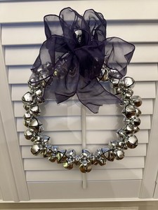 Vintage EUC Christmas Pottery Barn Silver Jingle Bells 14” Wreath PURPLE Ribbon