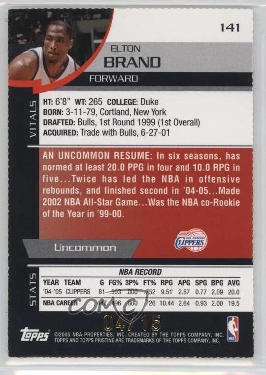 2005-06 Topps Pristine Die-Cut /15 Elton Brand #141 - Image 2 of 2