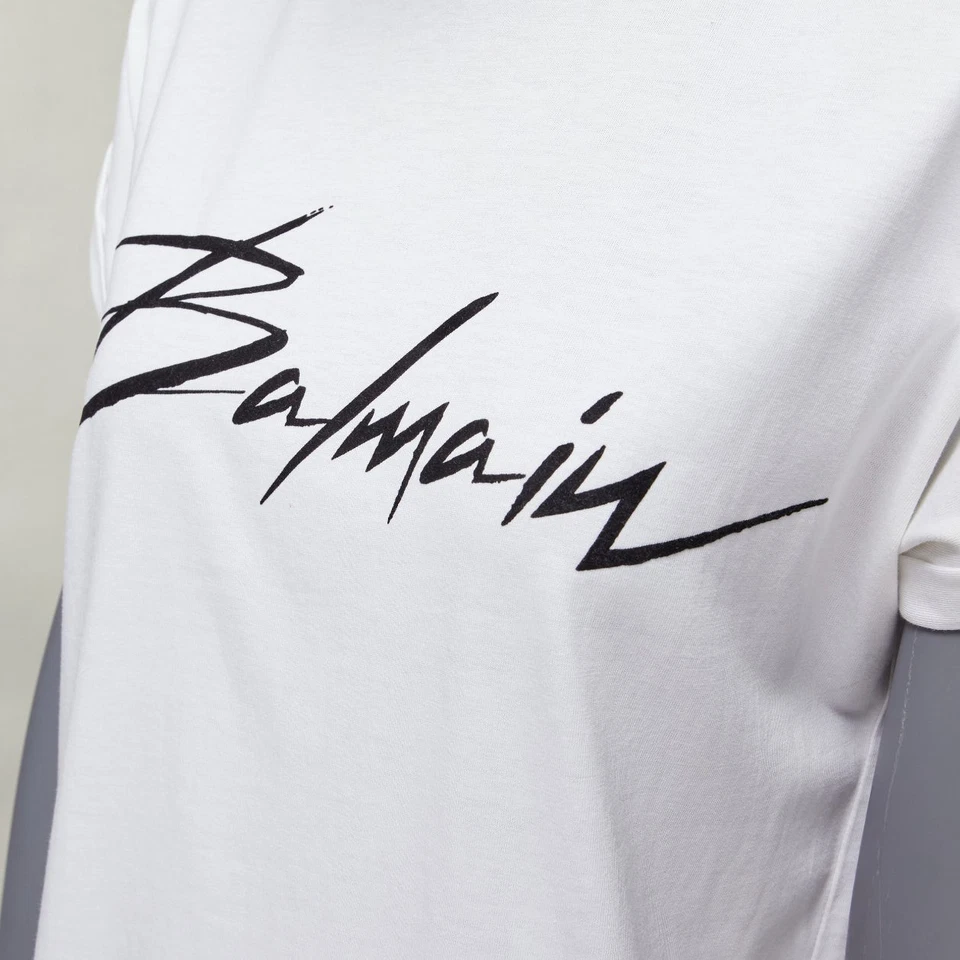 BALMAIN black signature logo velvet print cuffed sleeve white tshirt FR34 XS - image 2 of 4