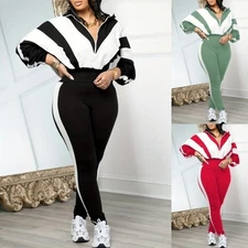 Womens 2pcs Outfit Long Sleeve Zip Up Crop Jacket Bodycon Pants Sets Clothing
