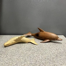 2 Vtg Wood Carved Humpback Whale Light Wood  & Dolphin Solid Medium Tone SEE
