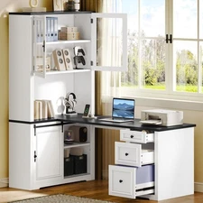 Farmhouse Home Office Desk Wood Corner L Shaped Executive Desk w/Hutch & Drawers