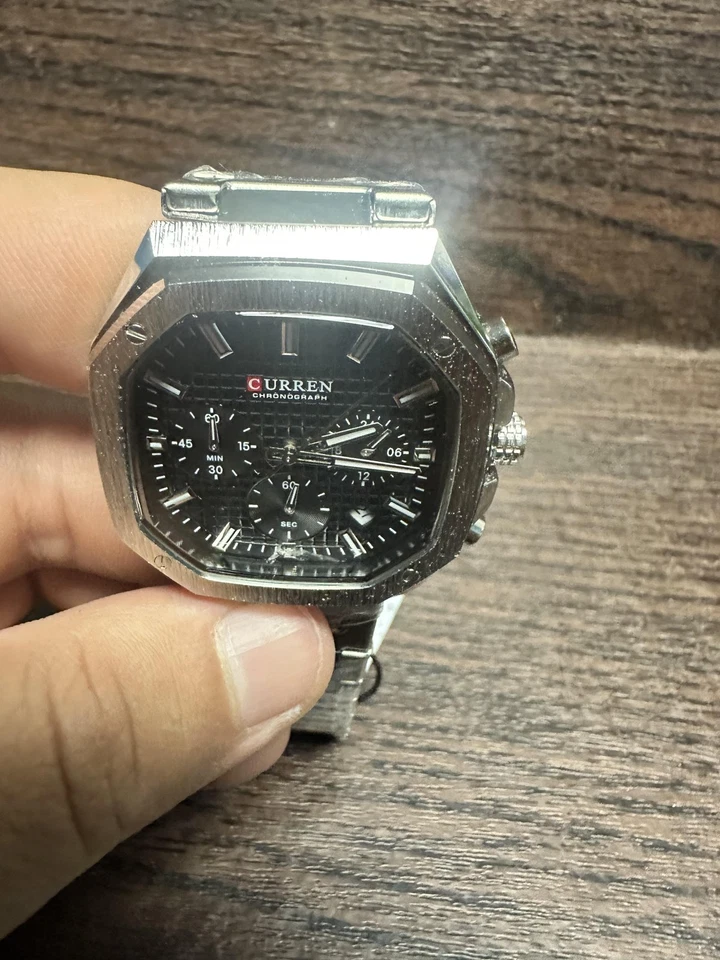 Curren Chronograph Watch Mens Silver Stainless Steel Black Dial Octagonal Case - Image 3 of 4