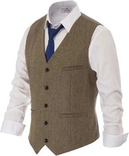 Men's Herringbone Tweed Suit Vest Casual Wool Blend Waistcoat