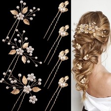 7 PCS Gold Leaf Wedding Hair Pins, Pearl Bride Headpiece, Flower Accessories