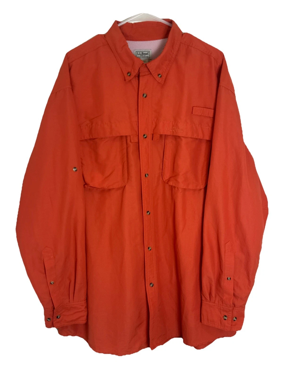 LL Bean Mens XLT Nylon/Poly Vented Long Sleeve Orange Button Down Fishing Shirt