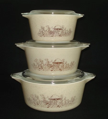 PYREX - 6 pc. Brown on Speckled Tan FOREST FANCIES Cinderella Casserole, Lid Set