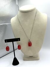 Red Glittery Drop Earring  Necklace Set Silver Tone