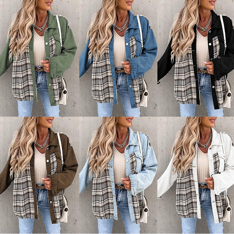 Women Plaid Outwear Shacket Jacket Coat Denim Shirt Button