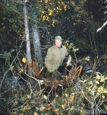 Vintage Stereo Realist Photo 3D Slide WOMAN HUNTER w Moose in Woods