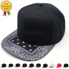 Mens Baseball Cap Snapback Adjustable Bandana Paisley Hat Solid Black Flat Brim