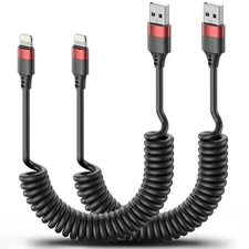 Coiled Lightning Cable for Car, 2 Pack Retractable Lightning USB A to Lightning