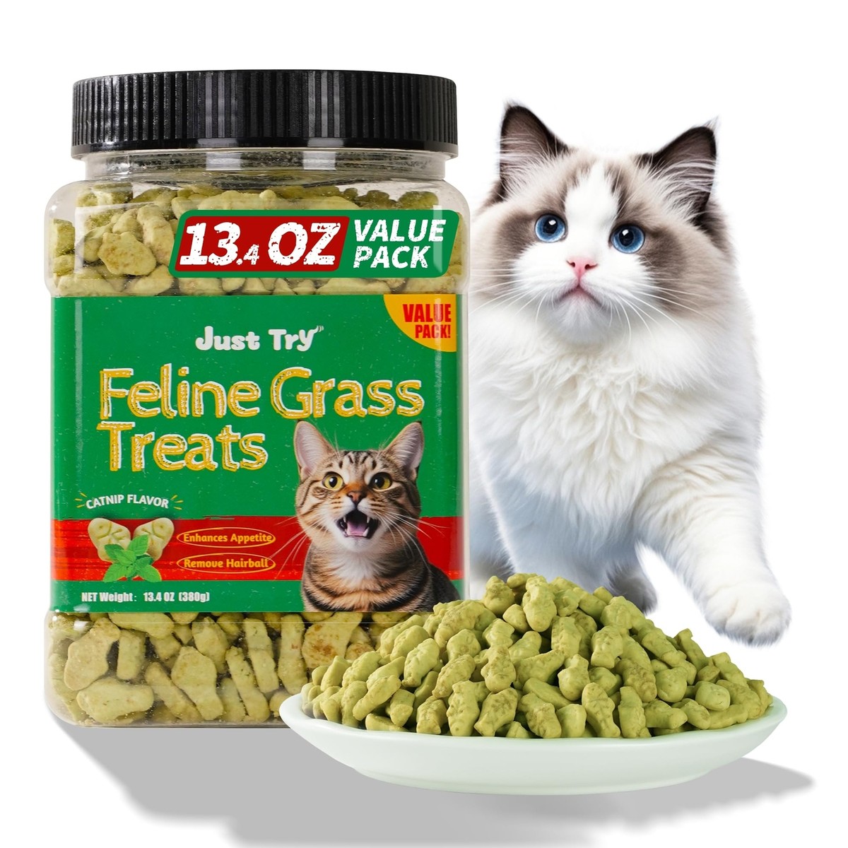 Just Try 13.4 OZ Cat Grass Treats Natural Salmon Flavor Healthy Cat Snacks Tr... | eBay
