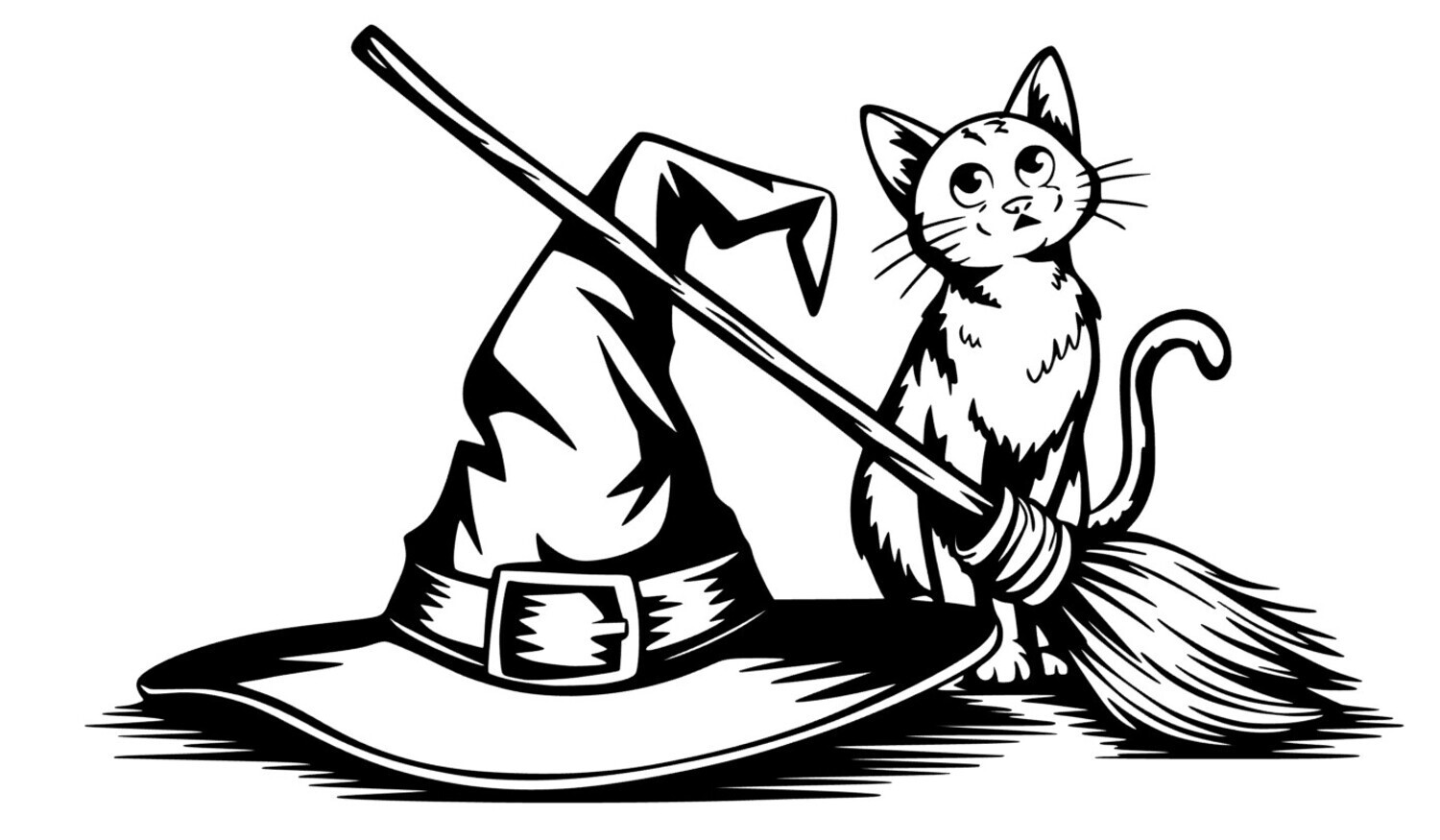 Pegatina Troquelada Sombrero de Bruja con Gato y Escoba – Vinilo Mate