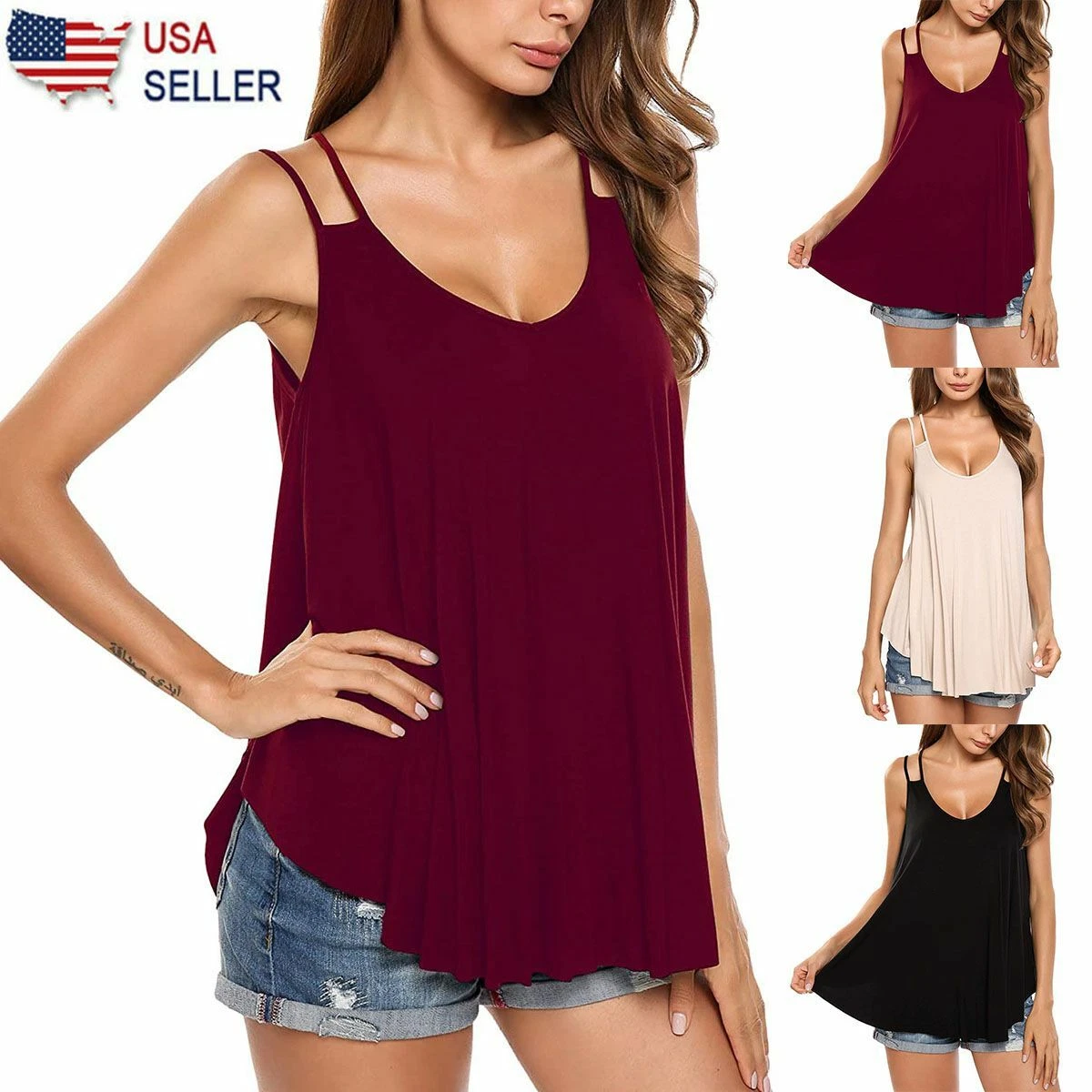 Women Double Strap Tunic Tank Top Loose Fit Casual Blouse Soft Flowy Long V  Neck