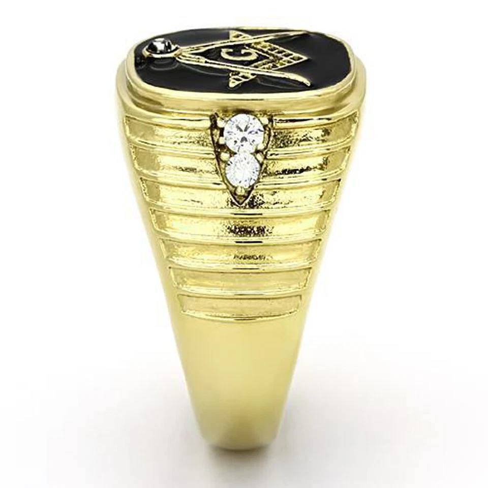MEN'S GOLD TONE ENAMEL STAINLESS STEEL CLEAR CRYSTAL MASONIC RING SIZE 8, 12, 14 - Image 4 of 4