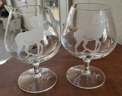 Set 2 SIGNED COYLE ETCHED CRYSTAL BIG HORNED SHEEP RAM Brandy Snifter GLASSES