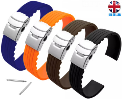 SILICONE RUBBER SPORT WATCH STRAP BLACK BROWN RED ORANGE BLUE GREEN18-20-22-24MM