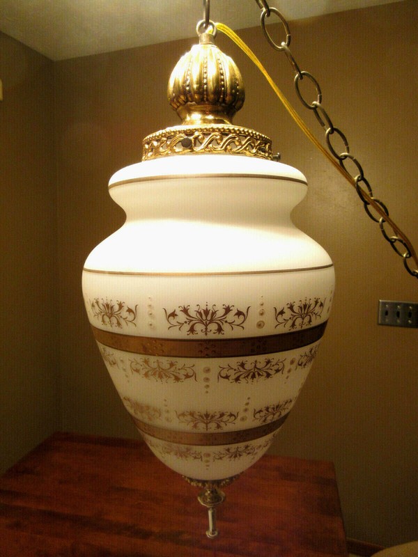 Vintage Mid Century Modern Hanging Glass Swag Lamp Hollywood Regency chain  plug