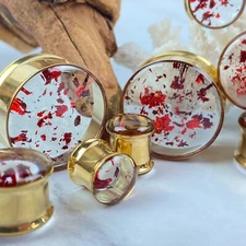 Pair Gold Steel Resin Plugs with Embedded Red Metallic Flakes (MTO-043) gauges