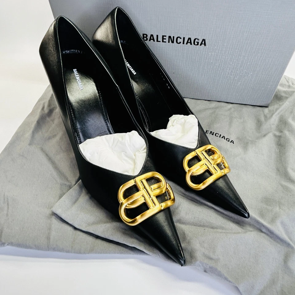 Cuchillo Balenciaga BB Cuadrado Bomba Talla 38 Cuero Negro Punta Dorado Logo Tacón Foto 2 de 4