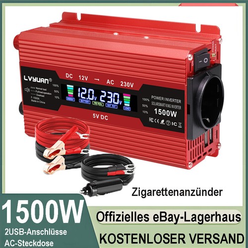 1500W Spannungswandler 12V auf 220V 230V Wechselrichter 2USB LCD-Anzeige,Rot