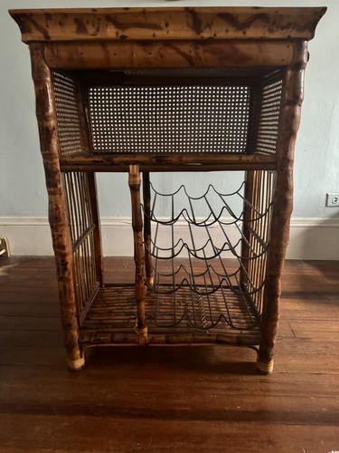 Mid Century Modern Burnt Bamboo Rattan Reed Bar Cart wine holder