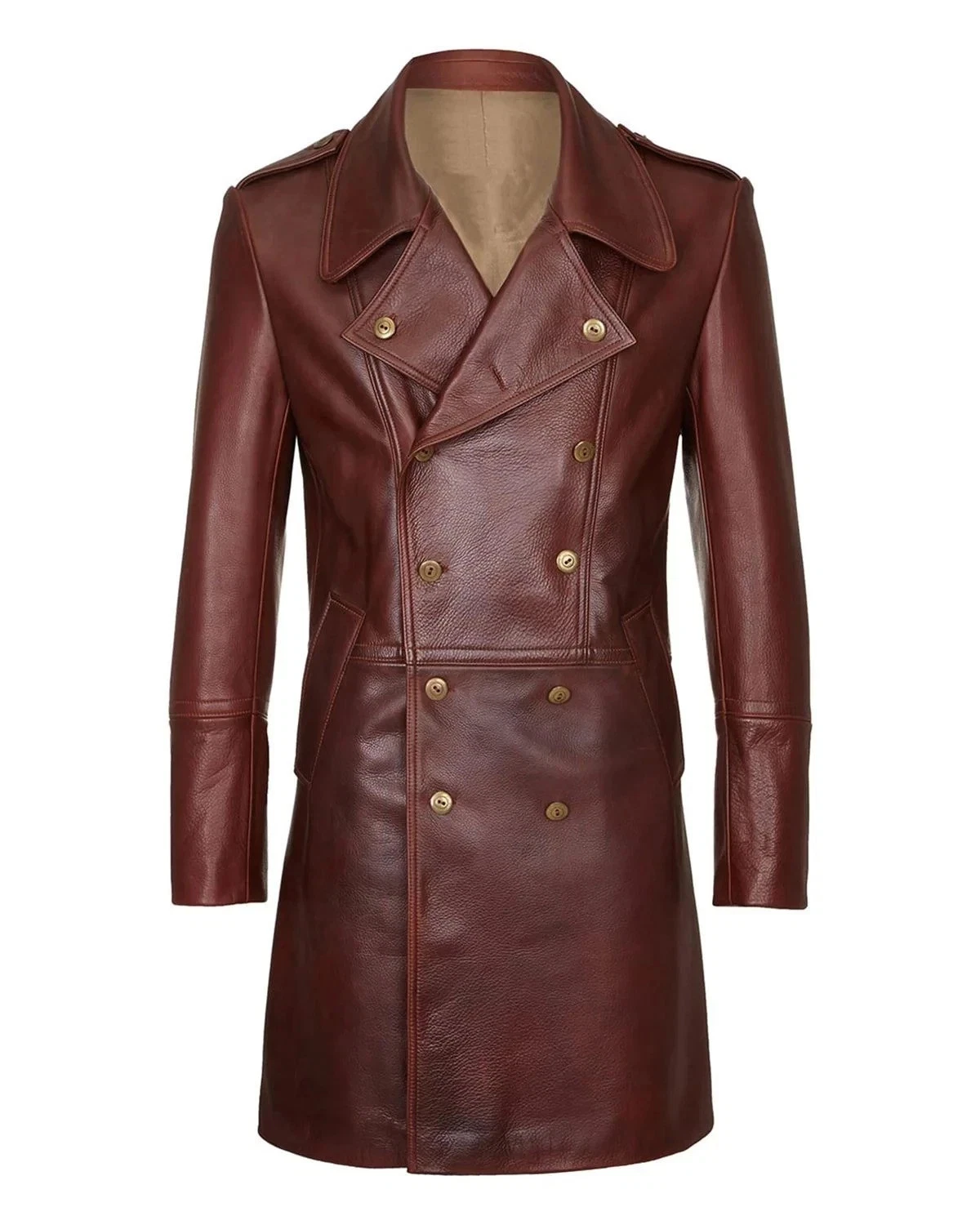Men's Classic Real Leather Dark Brown Trench Coat Military Style