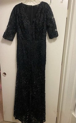 Womens Extra Long Maxi Dress M Bust 36  All Black Lace V Neck Goth Witchy Gothic