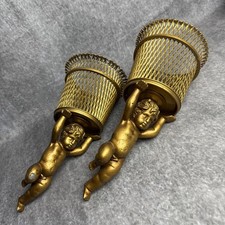 "Juego de cestas de querubín colgantes de pared de metal con patas vintage par de 12"""
