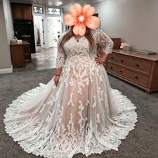 Plus Size Lace-up Back Champagne Wedding Dresses V Neck Long Sleeves Sweep Train
